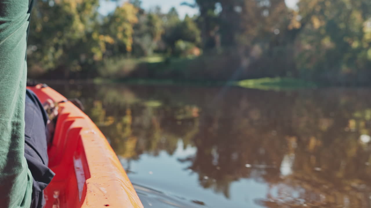 Kayak, river and closeup of man on an adventure to