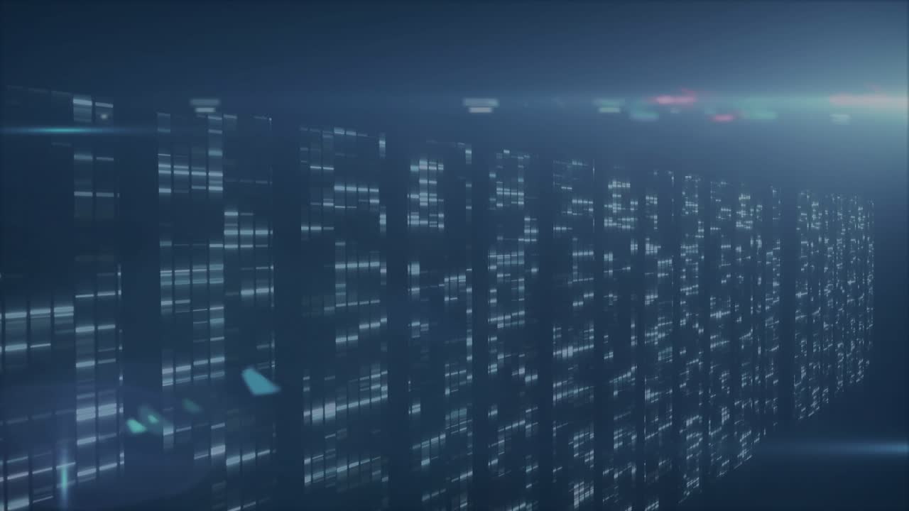 Flickering data columns merging into cloud then forming glowing two gear icons for data processing