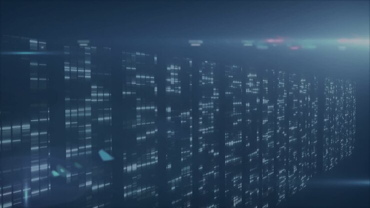 Flickering data columns merging into cloud then forming glowing two gear icons for data processing