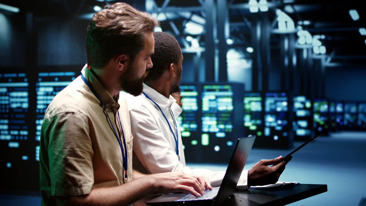 Coworkers running data center tests