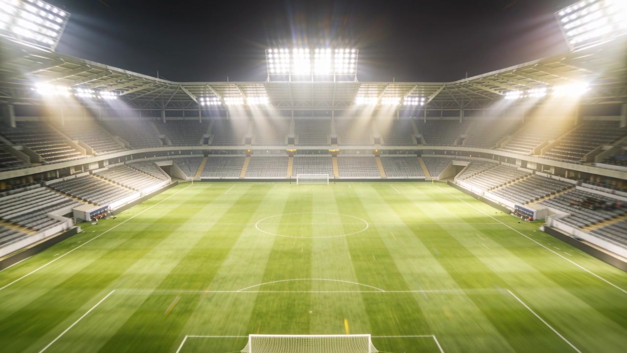 Inizio della sequenza di illuminazione che accende le batterie di fari, illuminando lo stadio di notte e rivelando la porta.