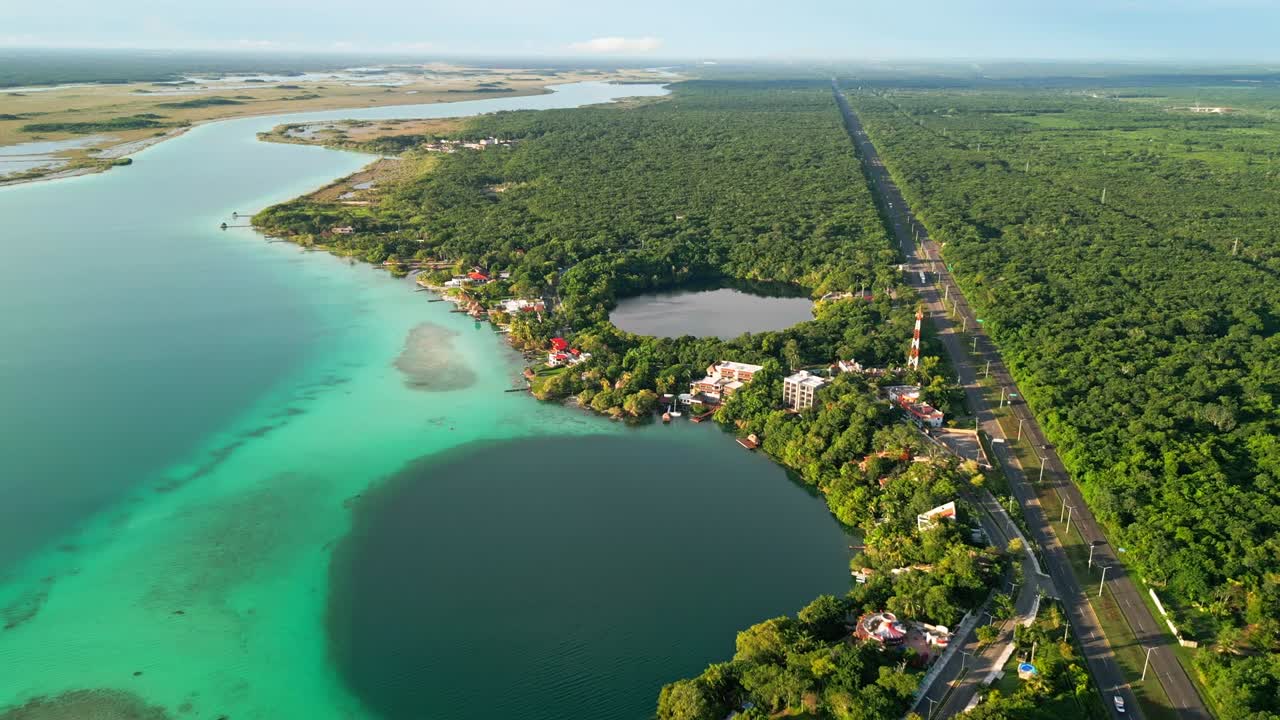 Aerial view of Bacalar, Mexico with turquoise waters and lush greenery