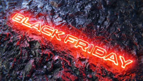 Neonrot-Leuchtendes-3D-gerendertes-Black-Friday-Schild-Auf-Dunklem,-Gezacktem,-Felsigem-Hintergrund