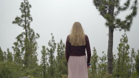 blonde girl finds solitude in foggy tenerife pine forest