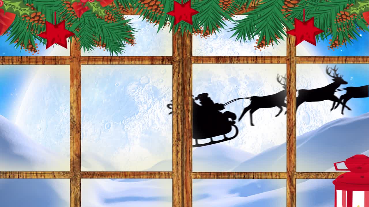 animación de santa claus en trineo con renos vistos a través de la ventana