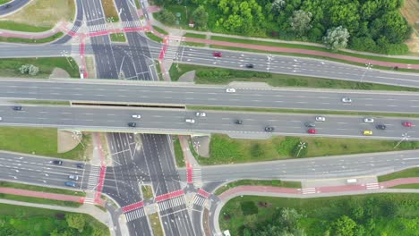 aerial view of highway junction with traffic i