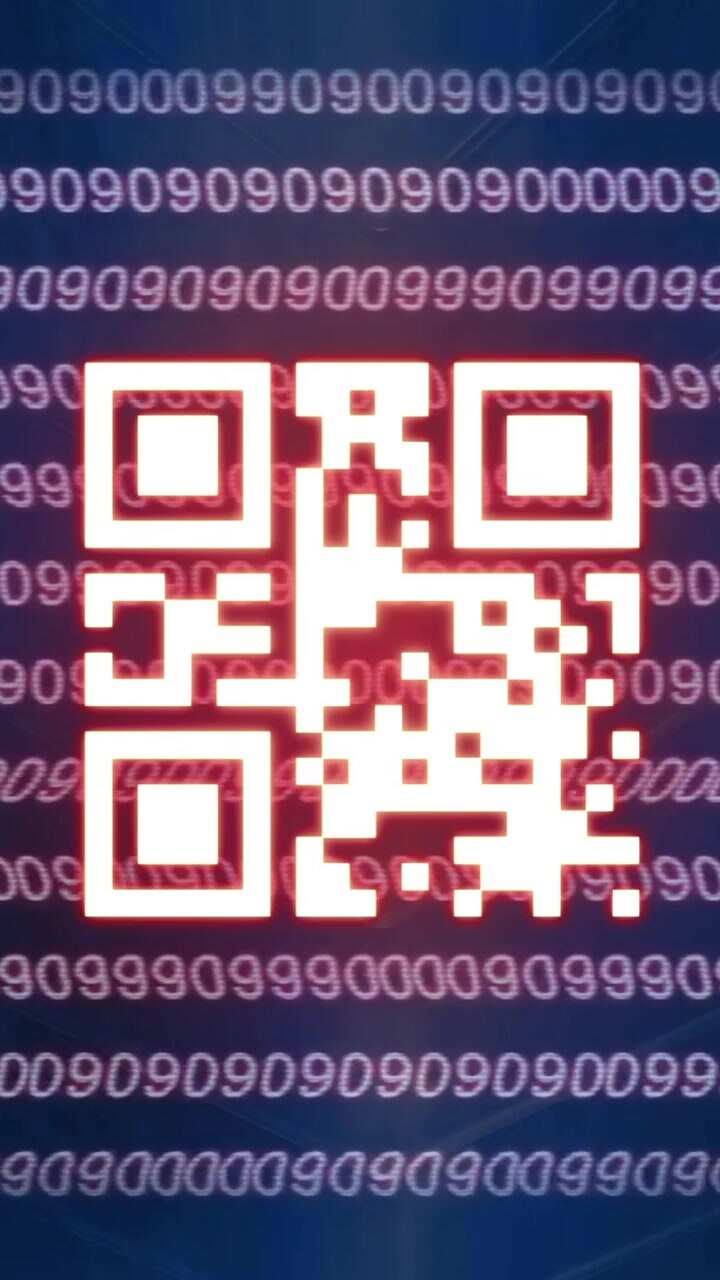 Animation of qr code and binary coding data processing over black background