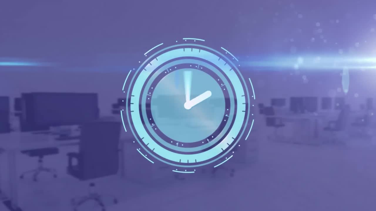 reloj digital y punto de luz contra la oficina vacía en el fondo