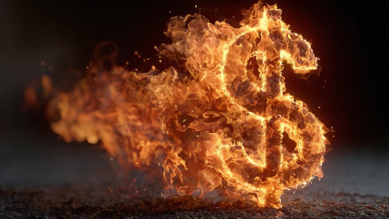Fiamme spettacolari che formano una scultura fiammeggiante a forma di dollaro, illustrando concetti di ricchezza, finanza e potere economico in un’avvincente composizione visiva.