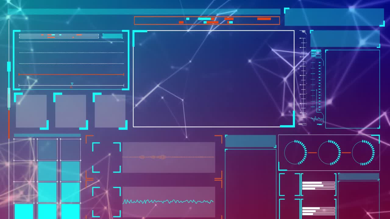 animación de la interfaz con el procesamiento de datos y las redes de plexo contra un fondo de gradiente púrpura.