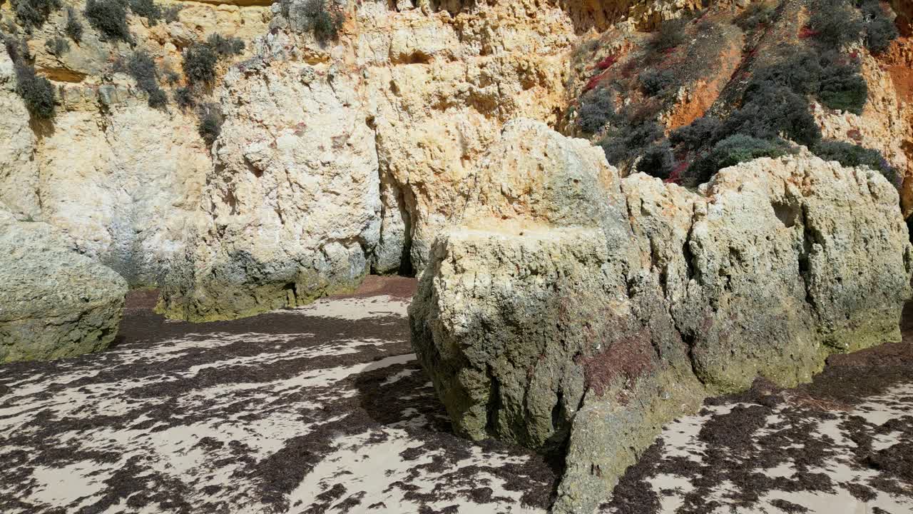 Algarve's Rocky Shore: The unique rock formations and textures of an Algarve beach in Portugal. Seaweed clings to the stones, creating a fascinating coastal landscape.