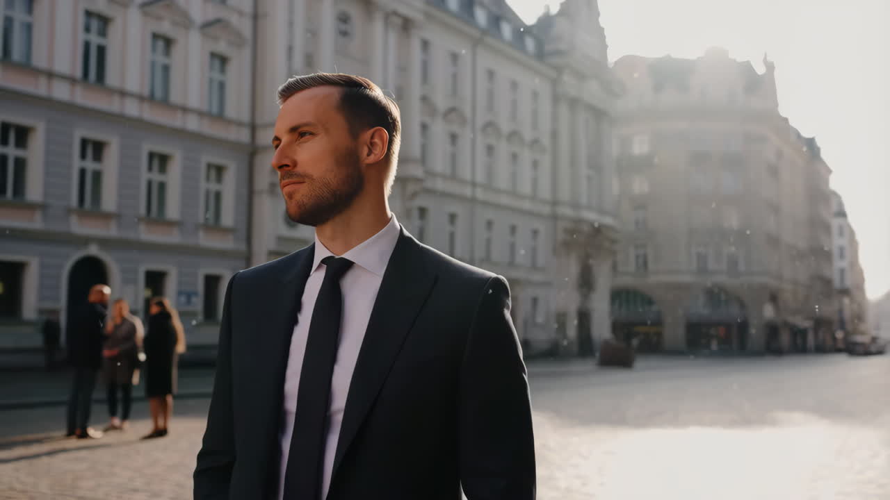 Businessman in Suit Standing in a European City Square
