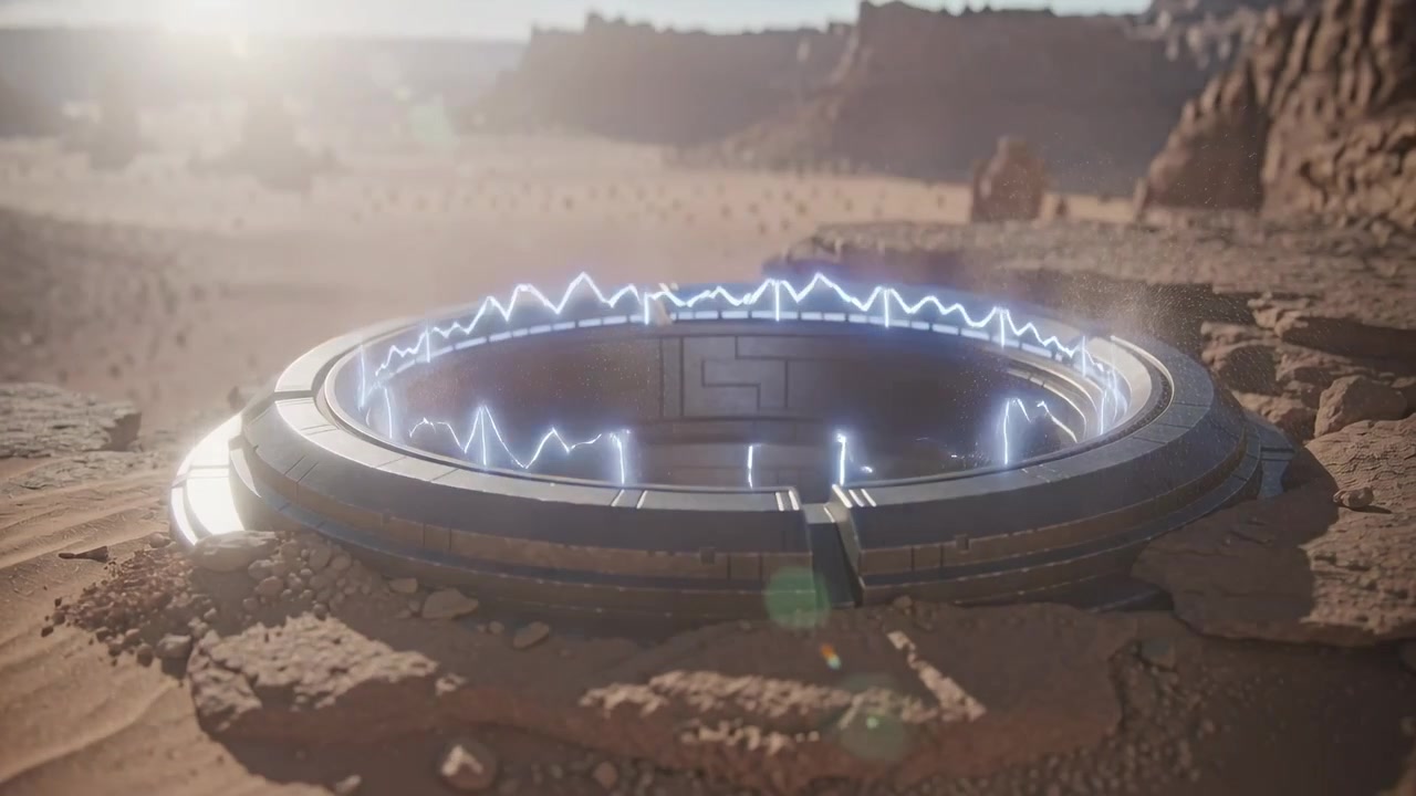 Futuristic Circular Portal Device Activating in Desert Landscape