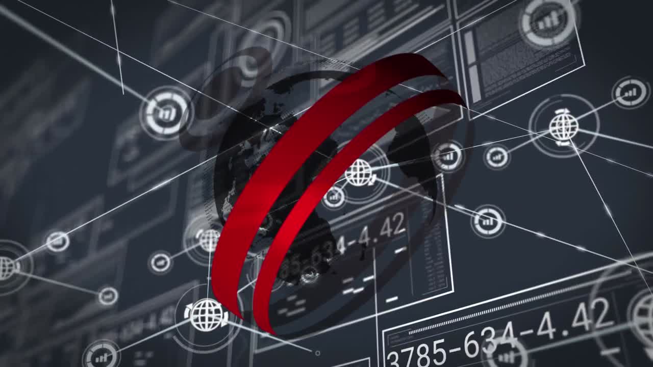 Animation of network of connections with icons and globe over data processing on black background
