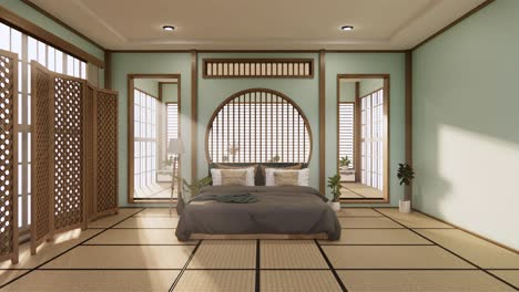 cyan mint circle shelf wall design on bed room japanese deisgn with tatami mat floor. 3d rendering