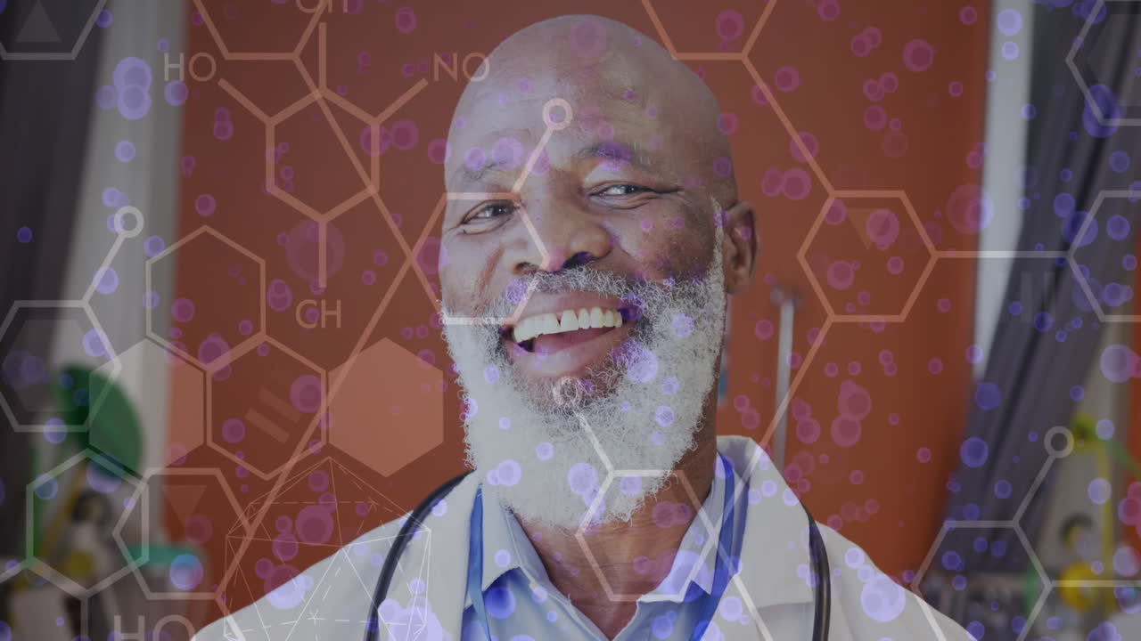 Animation of scientific data processing over senior african american male doctor