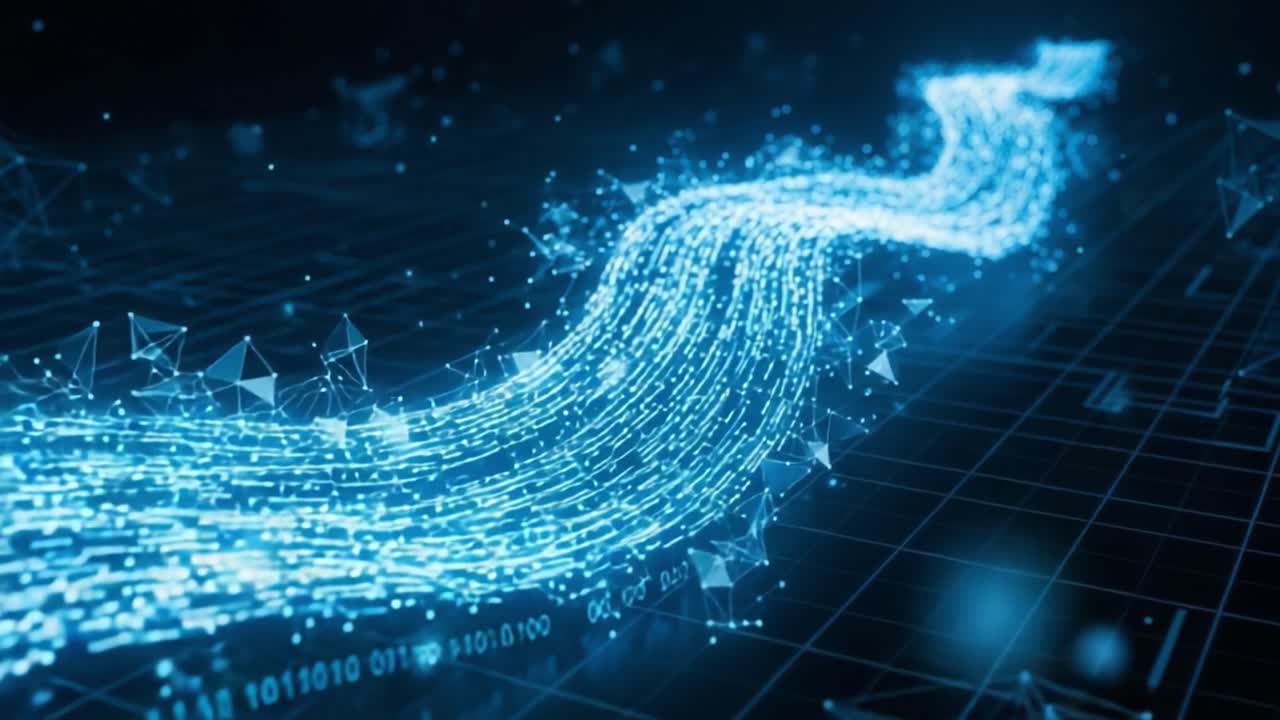 Illuminated Data Stream Flowing Through a Digital Landscape: A Visual Representation of Information and Connectivity in the Modern Tech Environment