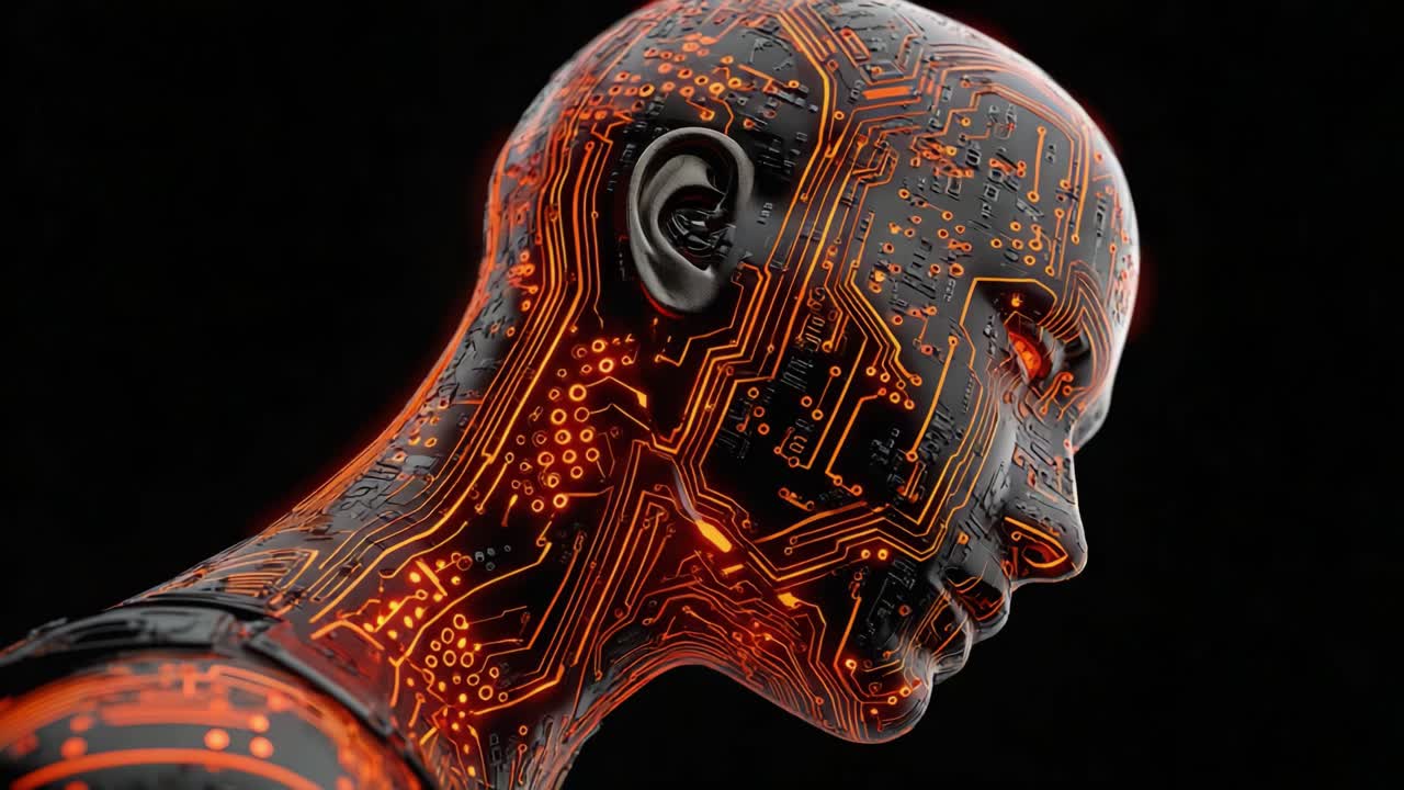 Exploration of Advanced AI Identity: The Evolution of a Cyborg with Intricate Circuitry and Luminous Details in a Futuristic Landscape