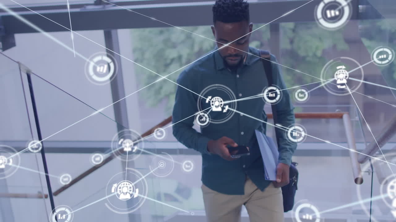 Animation of network of connections over african american businessman in office