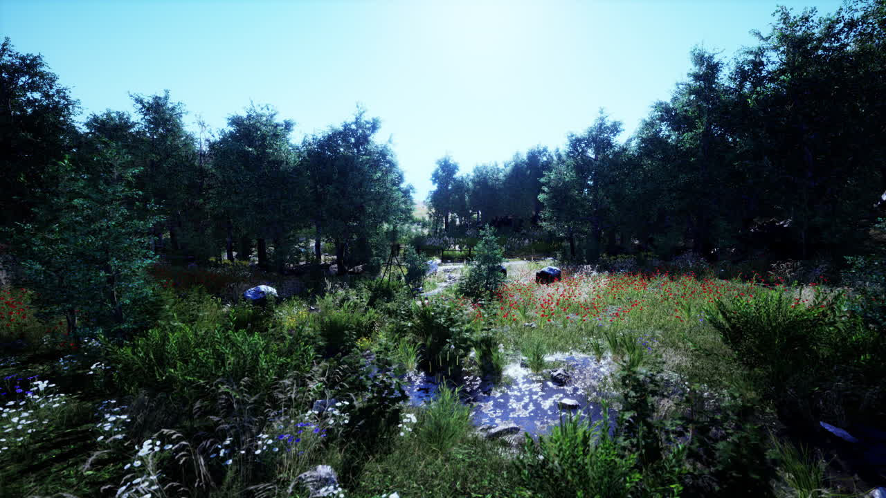 tranquilo arroyo forestal con flores silvestres