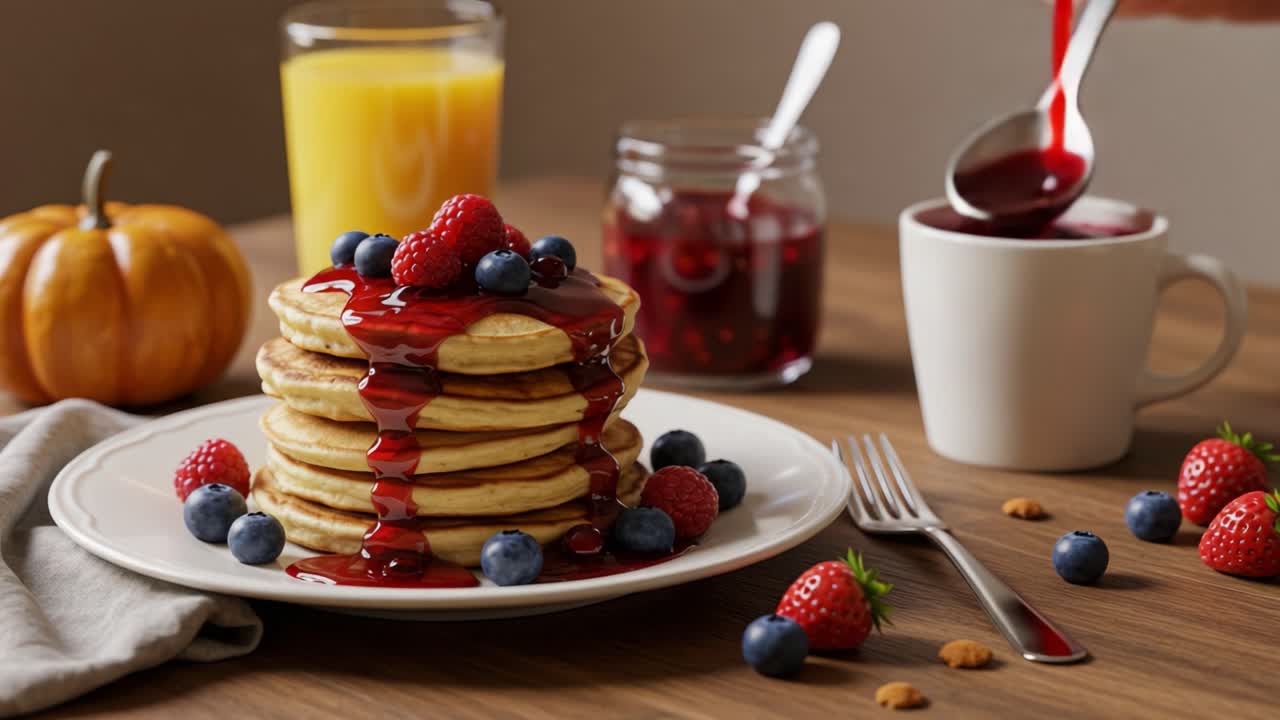 Pancakes with Berries and Syrup for Breakfast