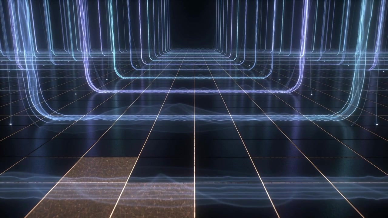 Brightening amber tile causing next tiles lighting on black floor, neon arches pulsing