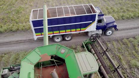 Antena:-La-Cosechadora-Arroja-El-Grano-A-Un-Camión,-Un-Amplio-Tiro-Giratorio