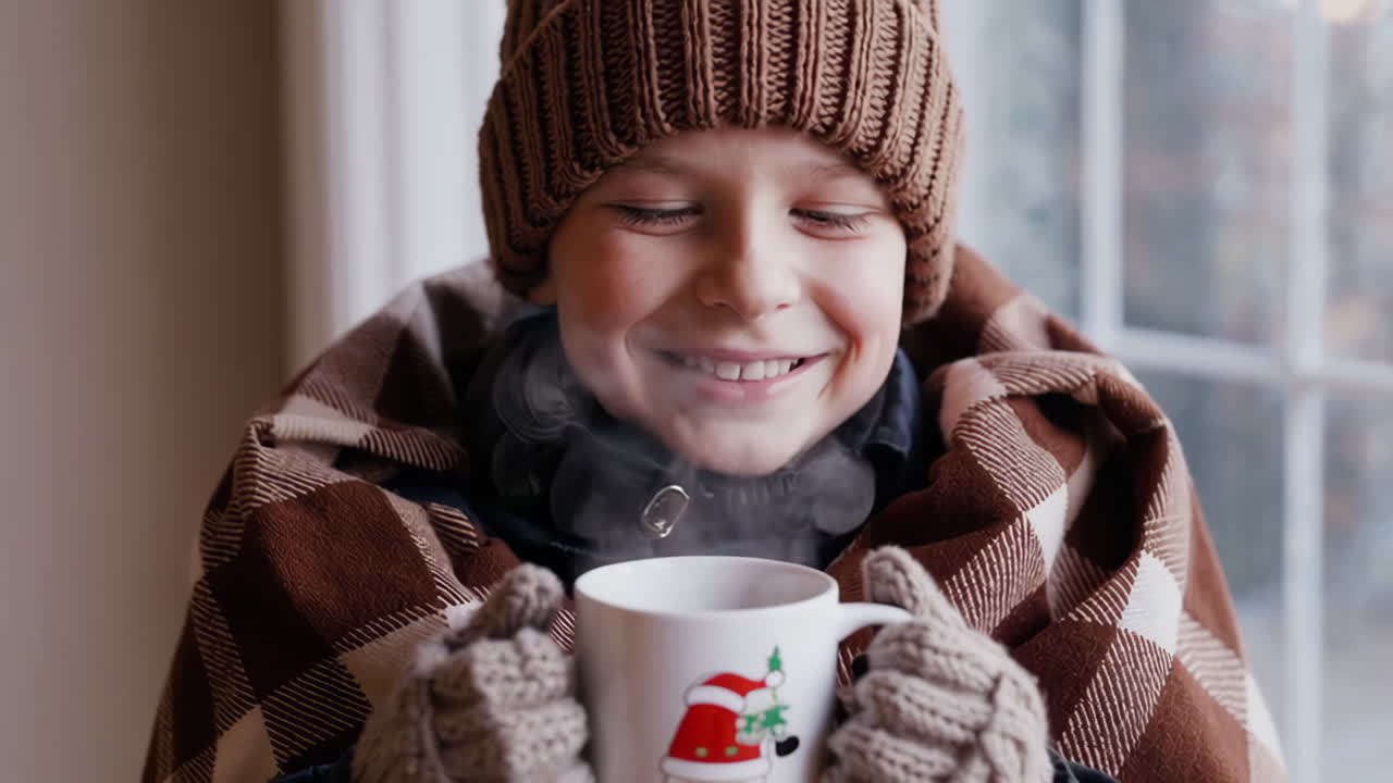 Cozy Winter Scenes: Child Enjoys a Steaming Christmas Drink