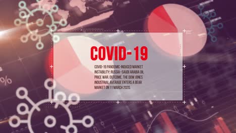 banner de texto covid-19 e iconos de celdas covid-19 flotando contra el procesamiento de datos estadísticos