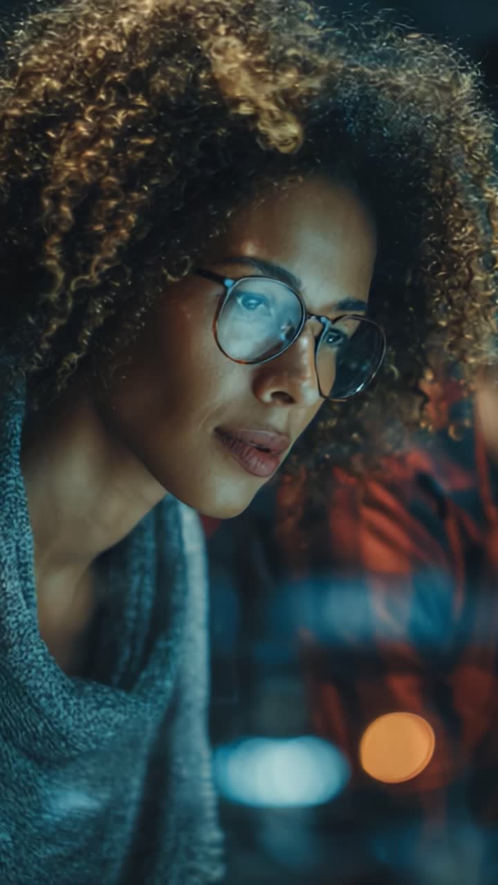 Focused Woman Analyzing Data on Screen with Glasses During Late Night Work Session, Illuminated by Soft Backlight and Vibrant Colors