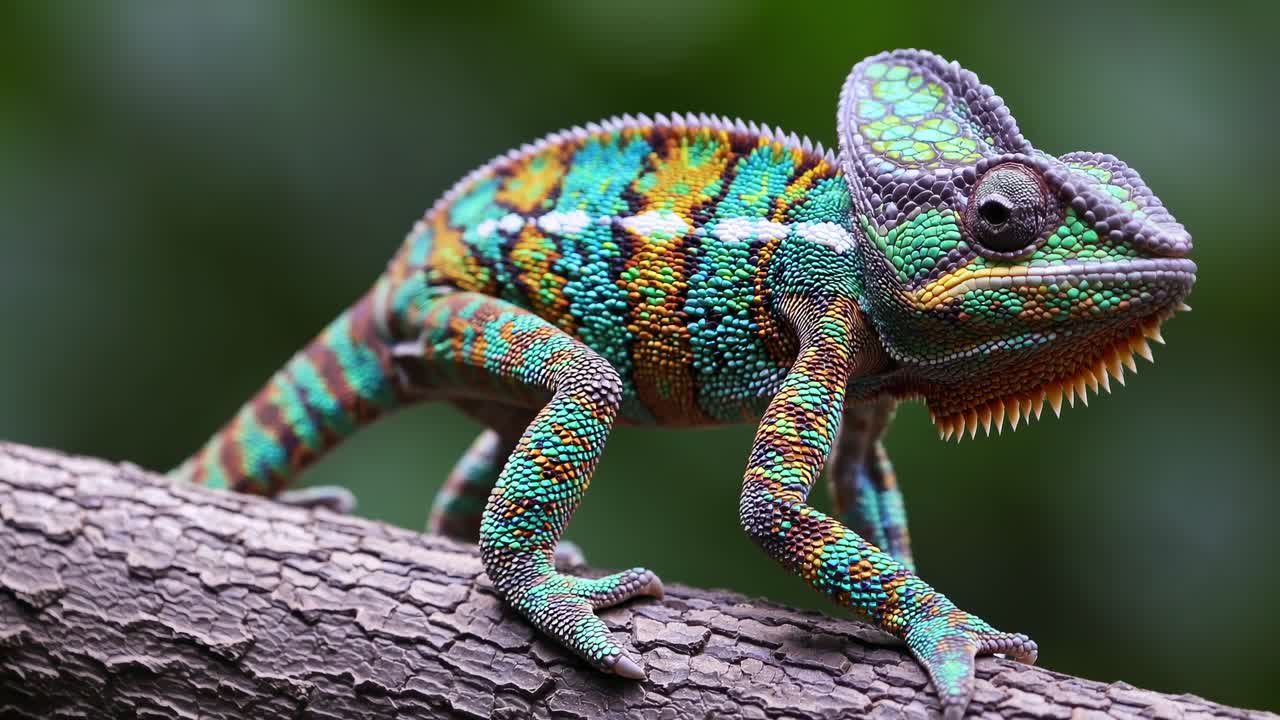 Close-up video of a colorful chameleon on a branch, showcasing vibrant patterns