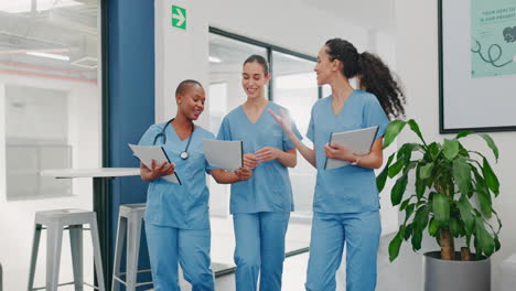 Talking-nurses,-walking-and-documents-in-hospital