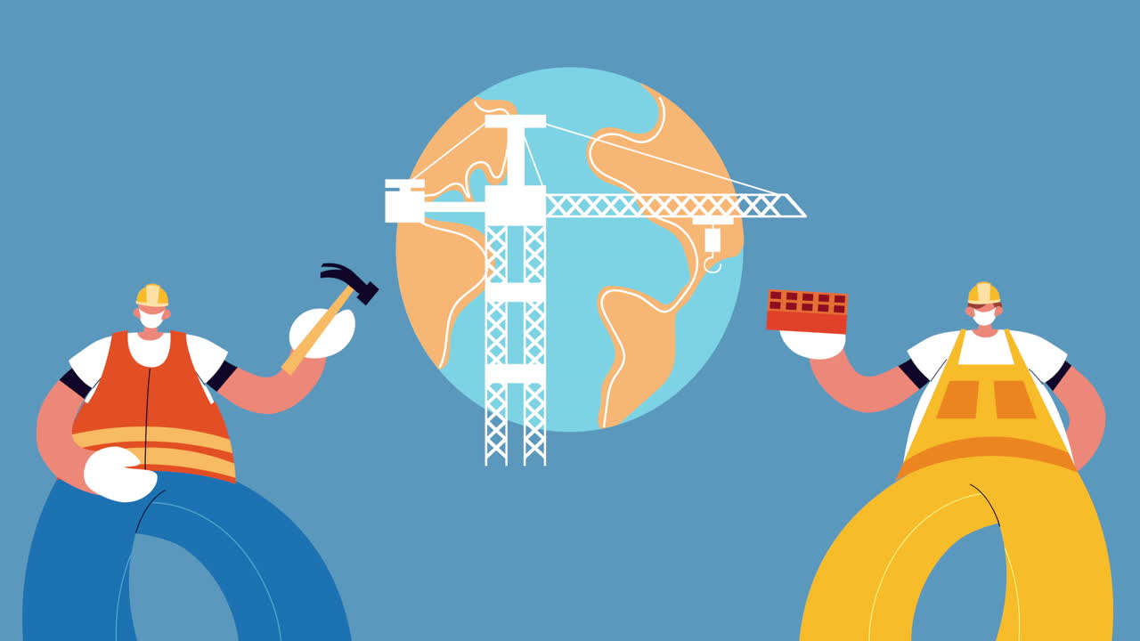 builders constructors wearing medical mask for covid19 protection in earth planet