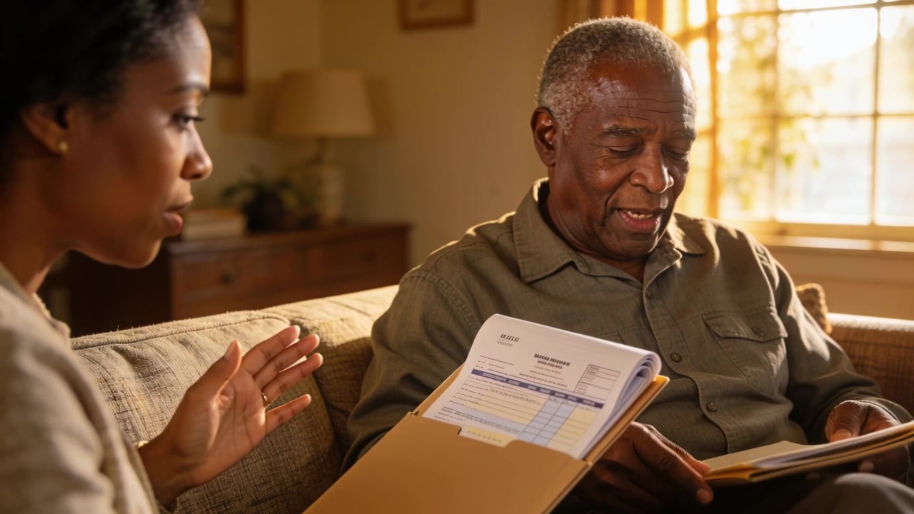 Leaning woman reviewing papers while man in shirt flipping manila folder in living room