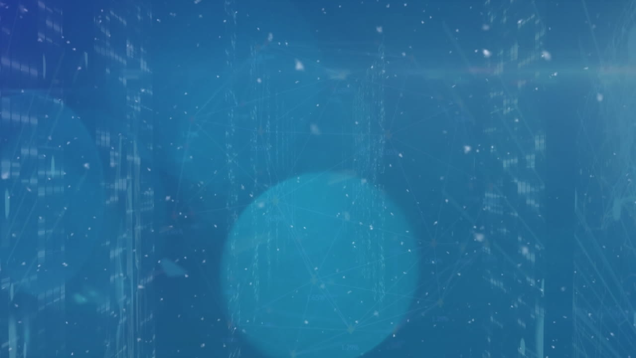 파란색 바탕에 모자이크 사각형과 빛의 반점의 스크린 위에 색 입자의 애니메이션.