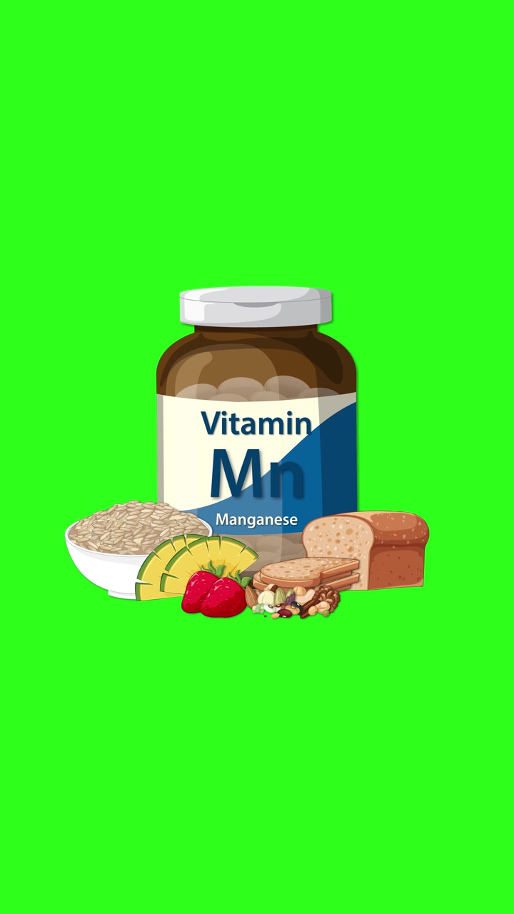 Una bottiglia di integratore di manganese appare con cereali, pane, frutta e verdura su uno sfondo verde vibrante.