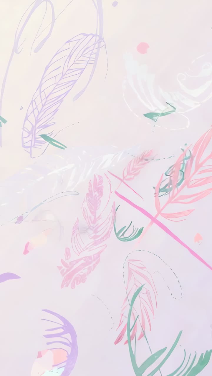 Vertical video: Revealing pale backdrop initiating pastel feathers drifting and rotating on canvas