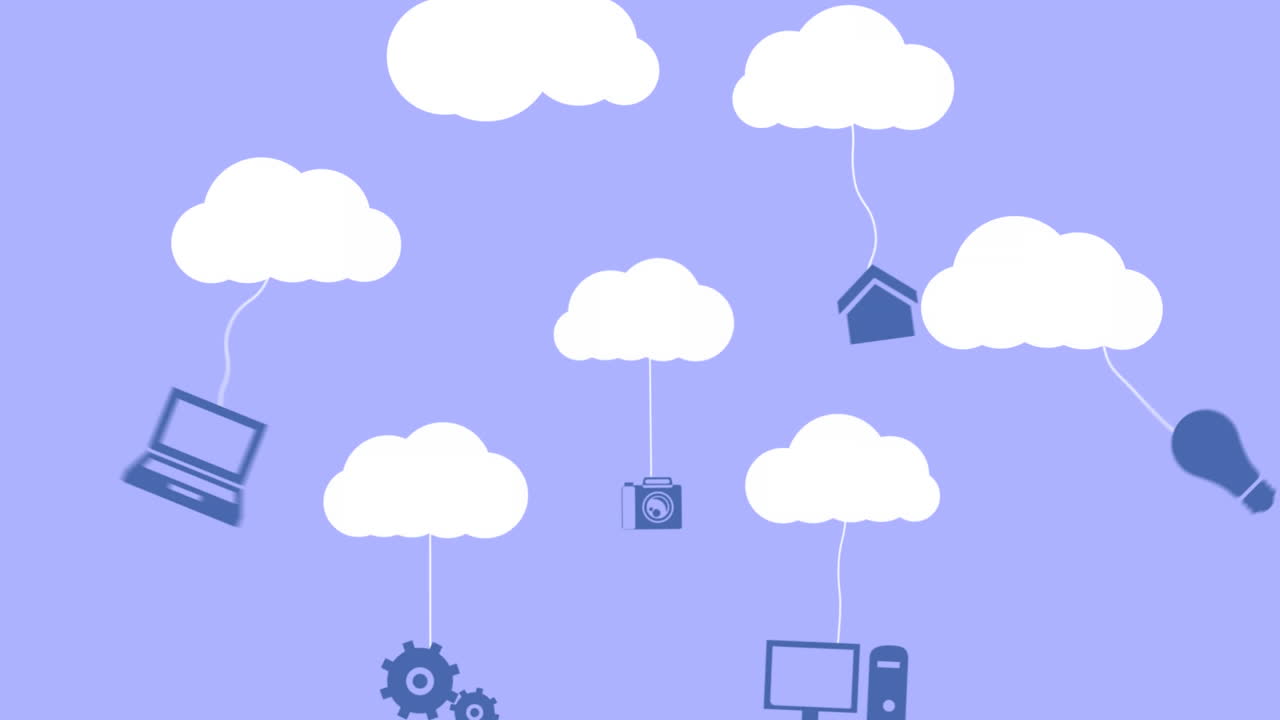 보라색 바탕에 네트워크 아이콘과 함께 움직이는  ⁇  구름