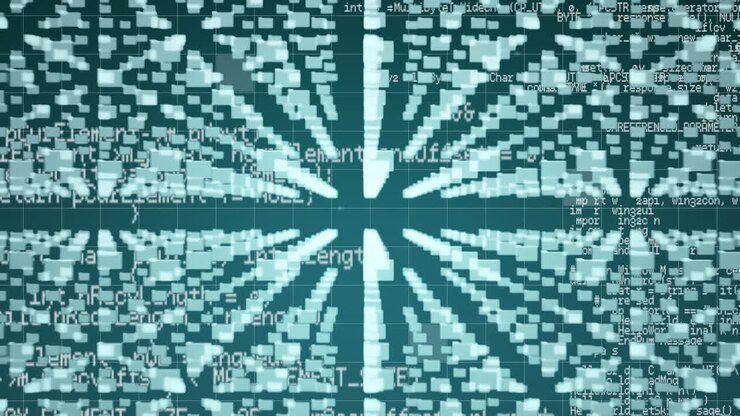 Computer folders, scrolling data and circuit board padlock on a blue background