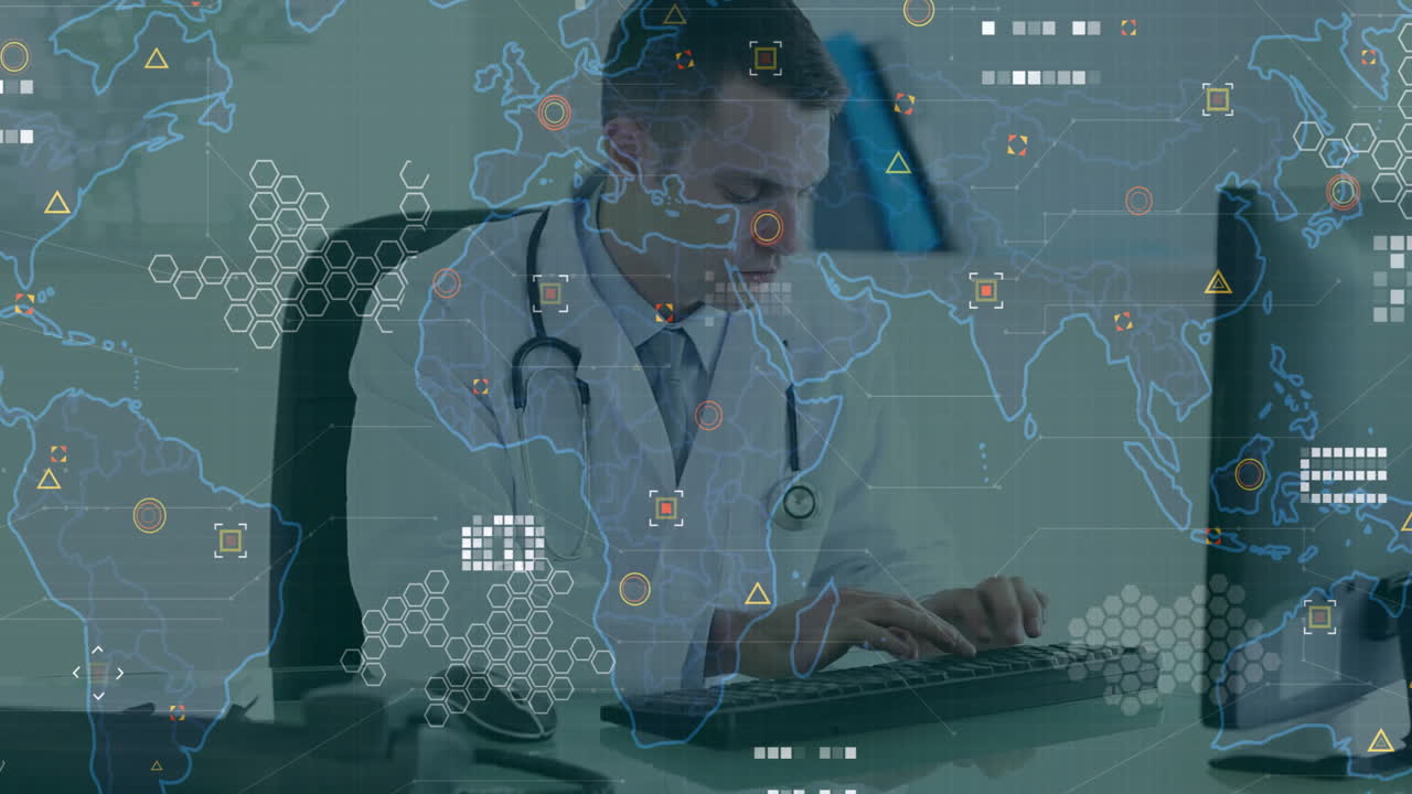 Male doctor typing at keyboard in medical tech office, with world map overlay and hex icons