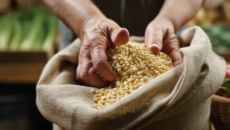 Hands pouring grains into a burlap sack