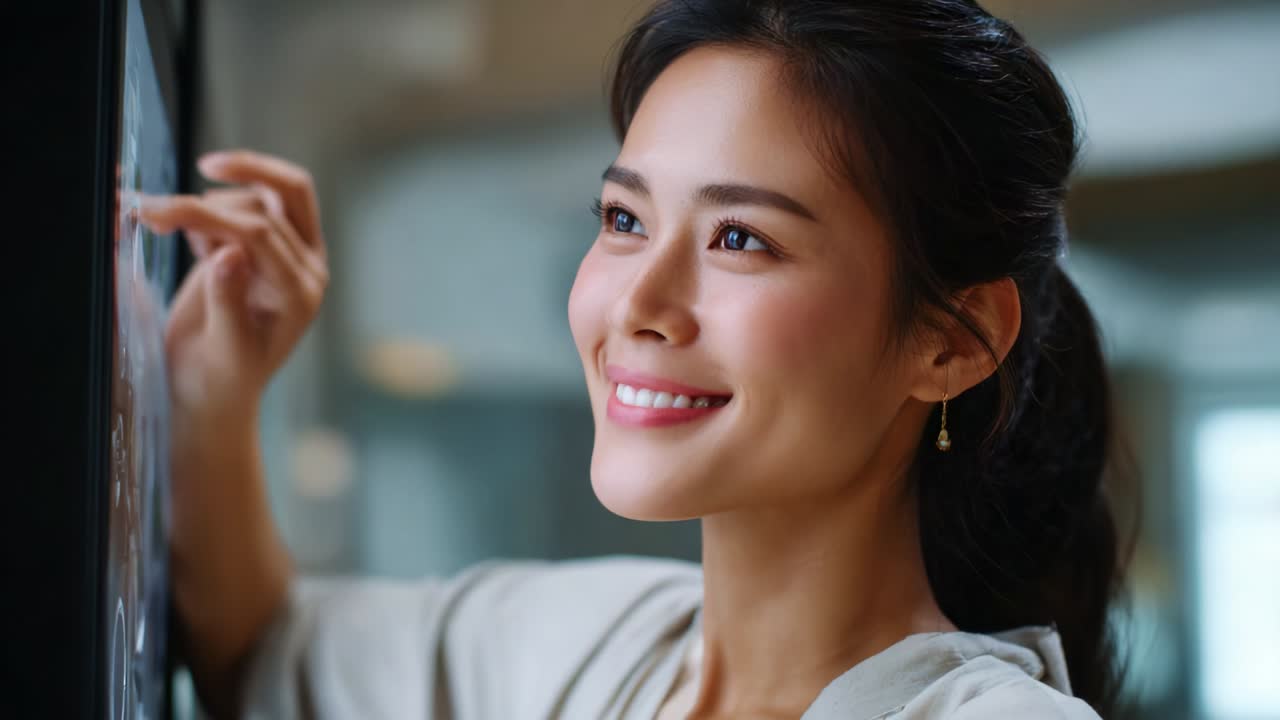 A woman engaged in a moment of contemplation while interacting with a device, showcasing a serene and joyful expression that highlights her contentment and connection in a modern environment