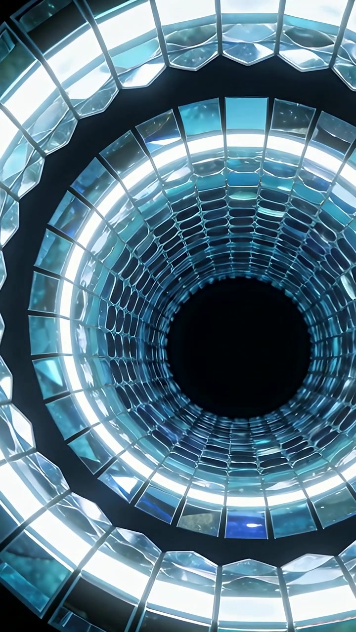 Vertical video: Camera moving rotating rings closing in, revealing LEDs and hex grid at exhibit