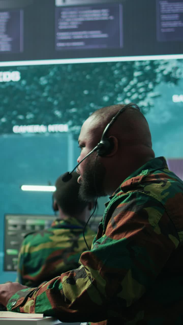 Vertical Video Military personnel operating in a secure office environment