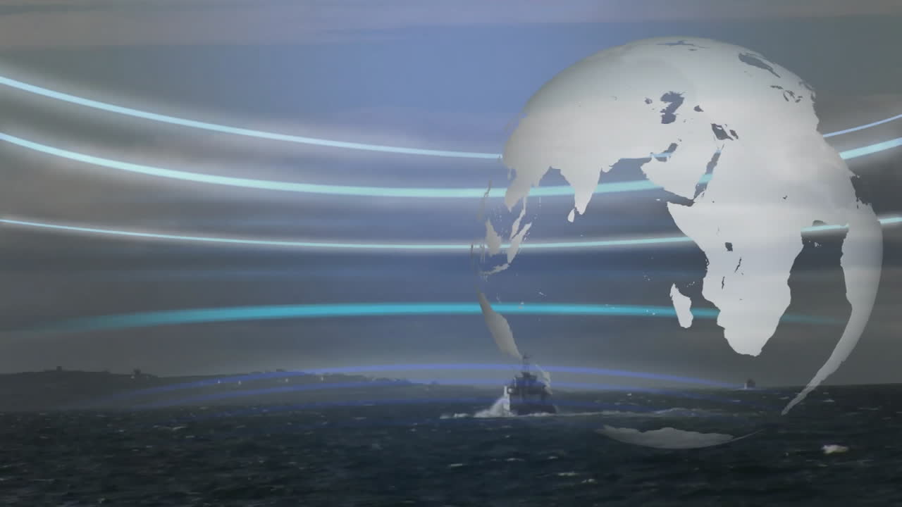 Globe animation over ocean scene with boat and dynamic light trails