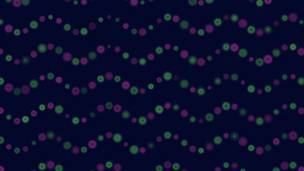 Filmato di sfondo a onda circolare bokeh al neon senza soluzione di continuità con punti luminosi verdi e viola su uno sfondo scuro, ideale come texture animata astratta per titoli, presentazioni e design video moderno