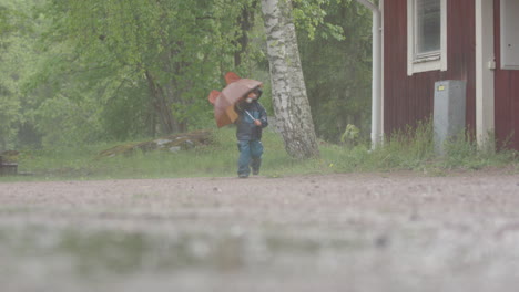 extreme weather - a child with an umbrella runs about in heavy rain