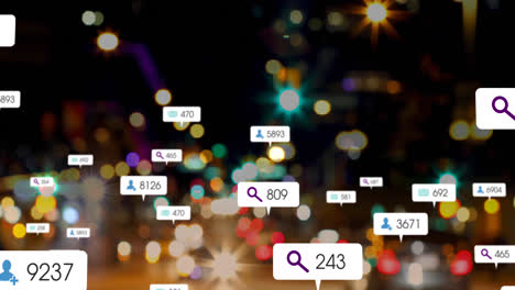 animación de iconos de redes sociales contra la vista borrosa del tráfico nocturno de la ciudad