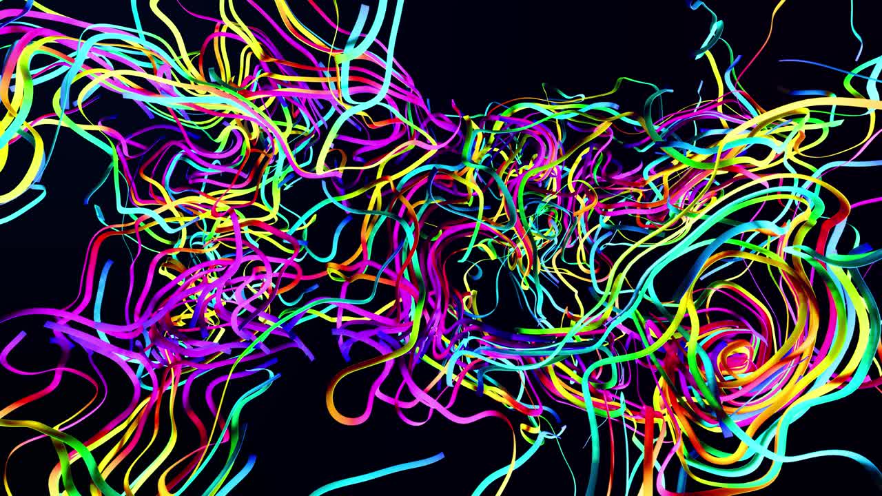 4k abstract bg with grow multicolor lines like glossy ribbons forming curl noise. Creative colorful 3d motion design background. Luma matte as alpha channel. Subsurface glow material. Curved lines