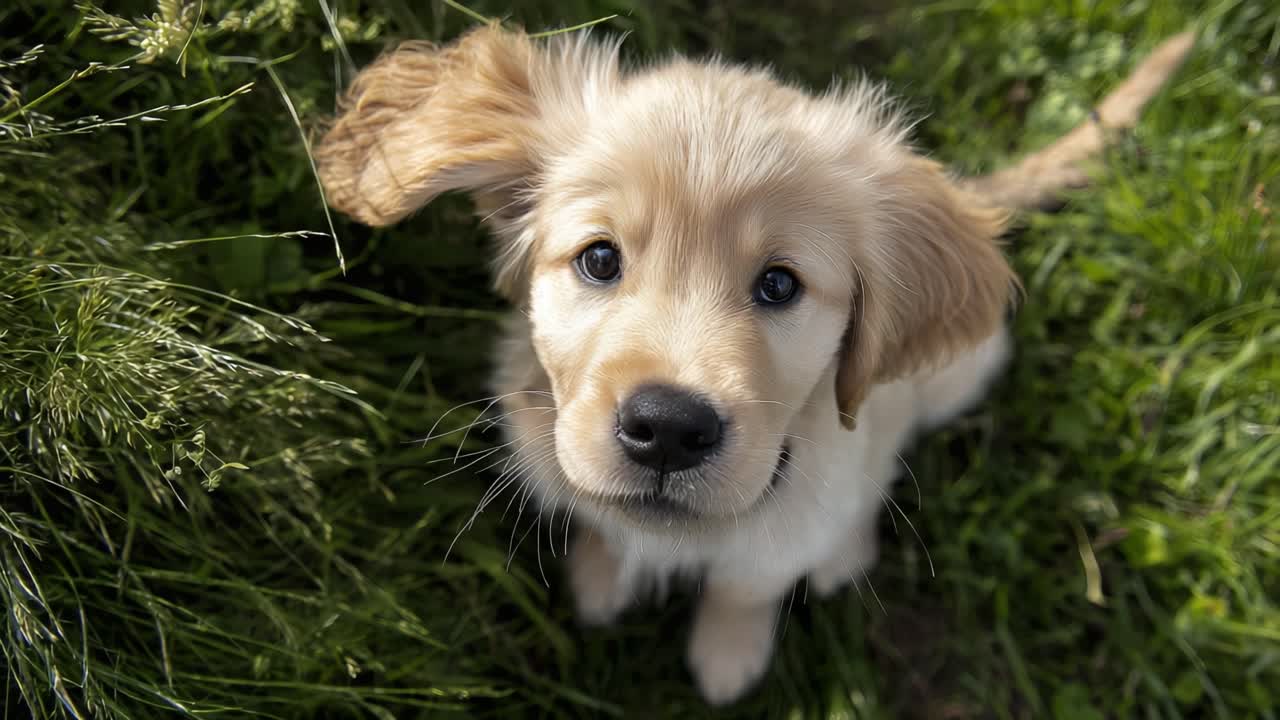 Adorable Golden Retriever Puppy Enjoys a Sunny Day in the Grass, Captivating with Playful Expressions and Big Bright Eyes, Embracing the Joy of Youth and Nature
